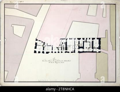 Vienna i, Hofburg, Augustinertrakt, nuovo progetto edilizio, soppalco, planimetria (variante II), 1775, planimetria, gesso (disegno preliminare); penna e inchiostro nero; lavaggio multicolore, foglio: 45 x 62,4 cm, recto: 'planimetria, von dem Neuen Burg Stock an der Bibliothect, N°.III Piano rialzato."; "piano. città n. 51." Camere numerate e parzialmente incise verso: 'Stadt i, 51 Foto Stock
