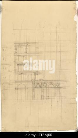 Vienna i, Graben 31, azienda-Hof, disegno per la facciata di fronte a Goldschmiedgasse, elevazione, Carl von Hasenauer (Vienna 1833 - 1894 Vienna), 1867, disegno architettonico, matita su carta Foto Stock