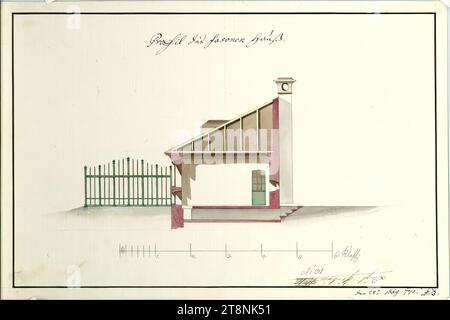 Vienna, Palazzo Schönbrunn, piccolo giardino dei fagiani, casa dei fagiani, sezione, indefinito, 1771, planimetria, carta; disegno in grafite; penna nera (rossa e marrone), lavaggio multicolore, 26 x 39,5 cm Foto Stock