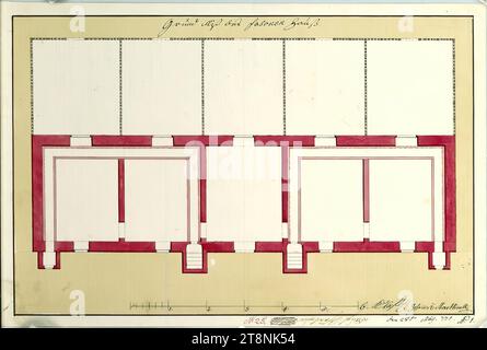 Vienna, Palazzo Schönbrunn, piccolo giardino dei fagiani, casa dei fagiani, pianta a terra, indefinito, 1771, planimetria, carta; disegno a penna; linee di costruzione in grafite, penna nera (rossa e marrone), lavaggio multicolore, 26,2 x 39,5 cm Foto Stock