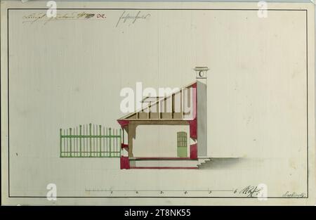 Vienna, Palazzo Schönbrunn, piccolo giardino dei fagiani, casa dei fagiani, sezione, indeterminato, 1771, disegno architettonico, carta; disegno in grafite; penna nera (rossa e marrone), lavaggio multicolore, 25,4 x 39,5 cm Foto Stock