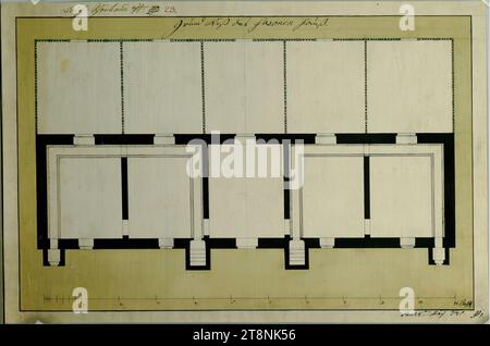 Vienna, Palazzo Schönbrunn, piccolo giardino dei fagiani, casa dei fagiani, pianta a terra, indefinito, 1771, planimetria, carta; disegno a penna; linee di costruzione in grafite, penna nera (rossa e marrone), lavaggio verde oliva, 26,5 x 40,1 cm Foto Stock