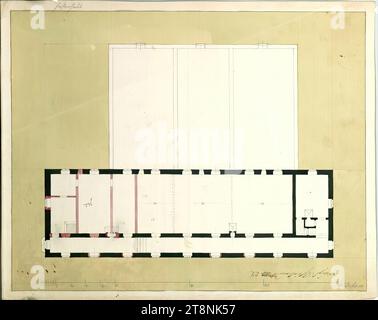 Vienna, Palazzo Schönbrunn, piccolo giardino di fagiani, recinzione - conversione, piano terra, indeterminato, 1750, planimetria, carta; disegno in grafite; penna nera (rossa e marrone), lavaggio multicolore, 35,8 x 45,5 cm Foto Stock