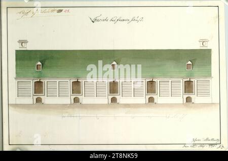 Vienna, Palazzo Schönbrunn, piccolo giardino dei fagiani, casa dei fagiani, vista ortogonale, indefinito, 1771, disegno architettonico, carta; disegno in grafite; penna nera (rossa e marrone), lavaggio multicolore, 26,2 x 39,5 cm Foto Stock