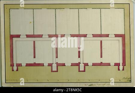 Vienna, Palazzo Schönbrunn, piccolo giardino dei fagiani, casa dei fagiani, pianta a terra, indefinito, 1771, planimetria, carta; disegno a penna; linee di costruzione in grafite, penna nera (rossa e marrone), lavaggio multicolore, 25,9 x 39,9 cm Foto Stock