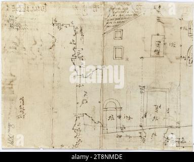 Roma, San Giovanni Calibita, facciate e studi di dettaglio, 1670, disegno architettonico, carta, peso medio; schizzo a penna; disegno preliminare in grafite, schizzo e iscrizione con penna in marrone, 19,6 x 25,4 cm, '... luglio 167, Facciata della ..., ... fratelli à ..., quattro capi come sta, il sito dove si deve, fare la nova, facciata'; citazioni e offset Foto Stock