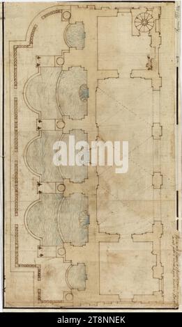 Roma, Fontana dell'acqua Paola, planimetria, 1701, disegno architettonico, disegno preliminare in grafite, disegno con penna in lavaggio marrone, marrone e blu, 24 cm x 41,3 cm, "pianta della fontana di S. Pietro montorio di Gio. (Fontana), da mili fatta di ordine di Papa Pauolo V Borghese Foto Stock