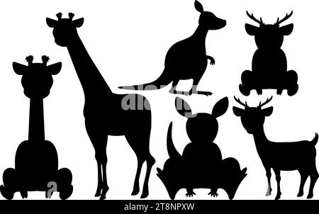 Una collezione di illustrazioni di cartoni animati vettoriali con varie sagome di animali selvatici Illustrazione Vettoriale