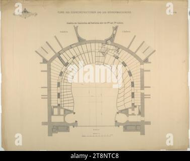 Vienna i, Burgtheater, auditorium, 3a e 4a galleria, planimetria, Carl von Hasenauer (Vienna 1833 - 1894 Vienna), disegno architettonico, break, x mm, 'K. K. HOFBURGTHEATER/ IN VIENNA.', 'PLANIMETRIE DELLE COSTRUZIONI IN FERRO E DELLE MACCHINE PER PALCOSCENICO.', 'Foglio n. 23.', 'planimetria della costruzione e della ventilazione sotto la 4a e 3a galleria Foto Stock