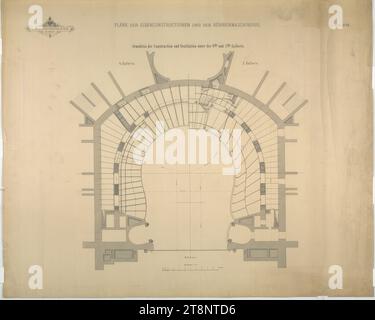 Vienna i, Burgtheater, auditorium, 3a e 4a galleria, planimetria, Carl von Hasenauer (Vienna 1833 - 1894 Vienna), disegno architettonico, break, x mm, 'K. K. HOFBURGTHEATER/ IN VIENNA.', 'PLANIMETRIE DELLE COSTRUZIONI IN FERRO E DELLE MACCHINE PER PALCOSCENICO.', 'Foglio n. 23.', "pianta della costruzione e della ventilazione sotto la 4a e 3a galleria." Foto Stock