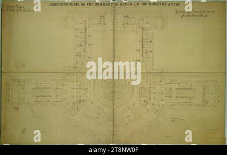 Vienna i, Burgtheater, primo piano, planimetria, Carl von Hasenauer (Vienna 1833 - 1894 Vienna), 15 novembre 1883, piano, pausa, penna in nero, rosso, marrone e blu, matita, 1000 x 1558 mm, 'Muttoné & in short/ fabbrica per la costruzione di impianti a gas/ impianti a gas e tubi dell'acqua/ - VIENNA -', 'Parterre-Logen/ ... & 1st Floor soli toilets.", "PIANO DI ESECUZIONE PER LA COSTRUZIONE DEL NUOVO K. K. HOF-BURGTHE ATERS (sic)", "gas pipe - water pipe and/ Fire-fighting equipment.", "A. Z.No, 254 Foto Stock