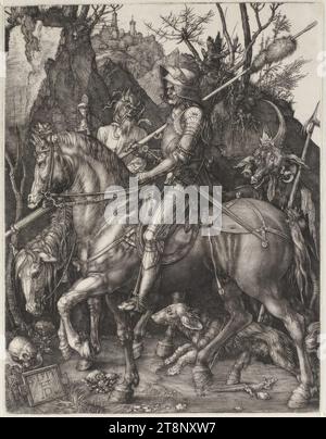 Cavaliere, morte e Diavolo, Albrecht Dürer (Norimberga 1471 - 1528 Norimberga), 1513, stampa, incisione in rame; foglio tagliato, foglio: 24,8 x 19,25 cm Foto Stock