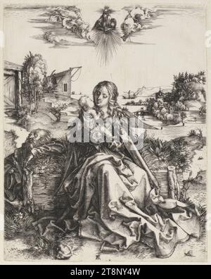 La Sacra famiglia con la Dragonfly, Albrecht Dürer (Norimberga 1471 - 1528 Norimberga), intorno al 1495, stampa, incisione in rame; foglio rifilato all'immagine, foglio: 23,7 x 18,7 cm Foto Stock