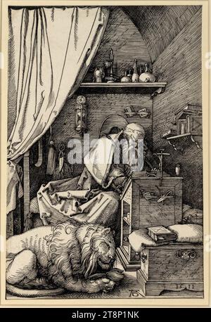 San Girolamo nella cella, Albrecht Dürer (Norimberga 1471 - 1528 Norimberga), 1511, stampa, taglio del legno; foglio tagliato a scopo illustrativo, resti del platemark visibili, foglio: 13,5 x 15,9 cm Foto Stock