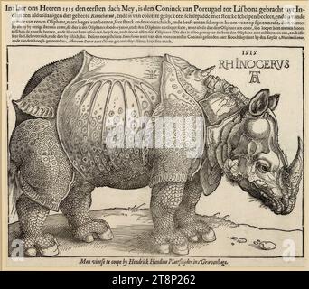 Rhinocerus (Das Rhinozeros), Albrecht Dürer (Norimberga 1471 - 1528 Norimberga), 1515, stampa, xilografia e stampa tipo, foglio: 26,6 x 30,3 cm, sotto: 'Men vinste te coope di Hendrick Hondius Plaetsnyder in S'Gravenhage Foto Stock