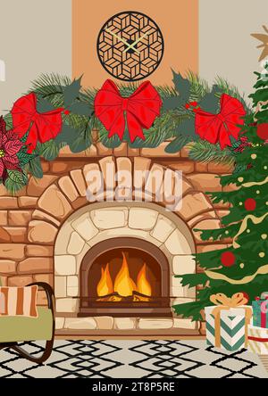 Modello di cartolina natalizia con interni accoglienti per le feste Illustrazione Vettoriale