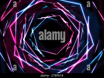 Esagoni tecnici al neon blu viola con sfondo astratto. Progettazione vettoriale Illustrazione Vettoriale