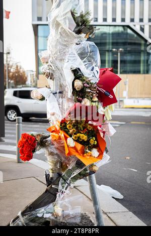 Parigi, Francia. 19 novembre 2023. Fiori visti nel luogo dove Nahel è stato ucciso dalla polizia. Circa 500 persone hanno manifestato a Place Nelson Mandela, a Nanterre, alla periferia di Parigi, contro il rilascio dell'agente di polizia che ha sparato al giovane Nahel, alla fine di giugno di quest'anno. (Foto di Telmo Pinto/SOPA Images/Sipa USA) credito: SIPA USA/Alamy Live News Foto Stock