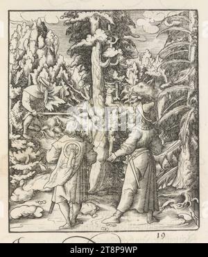 Theuerdank: Immagine 19 - nel bosco profondo, Theuerdank e il suo cane da caccia stanno inseguendo un cinghiale con una spada corta, il "Theuerdank" dell'imperatore Massimiliano i, Leonhard Beck (Augusta intorno al 1475/80 - 1542 Augusta), 1517, stampa, tagliato in legno, foglio: 34,7 x 24,3 cm Foto Stock