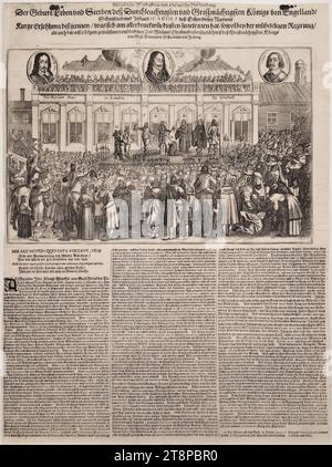 Esecuzione di re Carlo i d'Inghilterra il 30 gennaio 1649 di fronte alla Banqueting House di Londra, intorno al 1649/50, stampe, incisioni e testi digitati su carta, foglio: 42 x 31 cm, 'ALBERTINA WIEN' (timbro rotondo sul retro), [M.o.] 'breve storia di questo, quello che è successo più memorabile, così come durante l'arduo governo, | così come la morte innocente violenta che seguì a causa della più indulgente memoria cristiana del più potente re | di Gran Bretagna Foto Stock