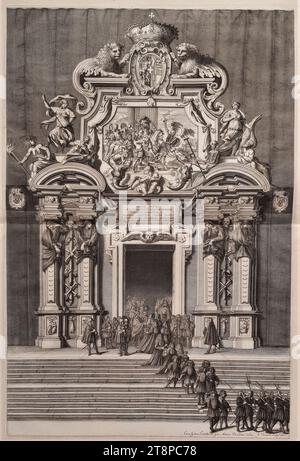 La partenza degli araldi dalla cattedrale di Torino durante le cerimonie funebri del duca Carlo Emanuele II di Savoia il 27 ottobre 1675, da: Giulio Vasco, del funerale celebrato nel Duomo di Torino all'altezza reale di Carlo Emanuele II Duca di Savoia, Principe di Piemonte, Rè di Cipri, &c., Torino, Bartolomeo Zappata, (1676), 1676, stampa, incisione rame e incisione su carta, foglio: 53,4 x 35,8 cm Foto Stock