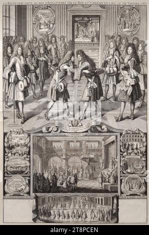 Accoglienza di re Giacomo II d'Inghilterra da parte di re Luigi XIV di Francia nel castello di Saint-Germain-en-Laye il 7 gennaio 1689, 1689, stampa, incisione in rame in due parti su carta, foglio: 86,7 x 57 cm, [sotto] 'ALMANAC POUR l'AN DE GRACE. M.DC.LXXXX Foto Stock