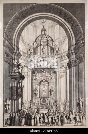 Ponteggio funebre per l'arciduca Ferdinando Carlo d'Austria-Tirolo nella chiesa gesuita di Innsbruck dal 3 al 5 marzo 1663, da: Edificio onorario delle virtù eroiche austriache, con cui a quel tempo il principe più sano, e signore, Herr Ferdinandus Carolus Ertzhertzog zu Austria, [etc.. [Etc.] magnificamente adornato nella vita. Nel caso degli stessi ponteggi arciprincipeschi in lutto e riti funebri Foto Stock