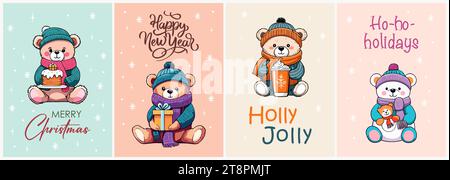 Set di biglietti di Natale e Capodanno con Teddy Bears Illustrazione Vettoriale