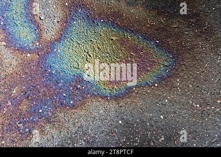 Sfondo colorato astratto di perdite di benzina su asfalto bagnato in primo piano. Foto Stock