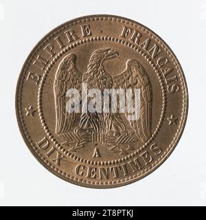 Moneta da 10 centime in rame di Napoleone III, 1856, Barré, Albert-Désiré, Graveur en médailles, array, Numismatique, Monnaie, Paris, dimensioni - opera: diametro: 3 cm, peso (tipo dimensione): 10,07 g. Foto Stock