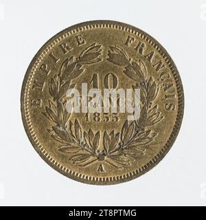 Moneta da 10 franchi in oro di Napoleone III, 1855, Barré, Albert-Désiré, Graveur en médailles, array, Numismatique, Monnaie, Parigi, dimensioni - opera: diametro: 1,9 cm, peso (tipo dimensione): 3,18 g. Foto Stock