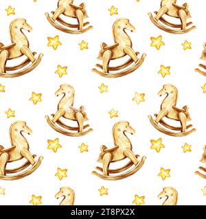 motivo ad acquerello senza cuciture con giocattoli e stelle, cavallo a dondolo in legno disegnato a mano e stelle gialle, illustrazione del giocattolo per bambini, schizzo di c Foto Stock