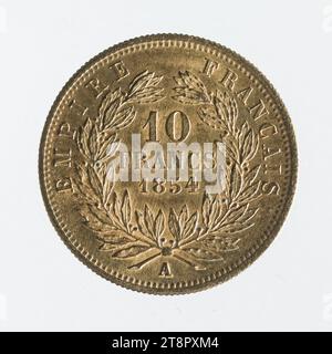 Moneta da 10 franchi in oro di Napoleone III, 1854, barre, Jacques-Jean, Graveur en médailles, array, Numismatique, Monnaie, Parigi, dimensioni - opera: diametro: 1,7 cm, peso (tipo dimensione): 3,218 g. Foto Stock