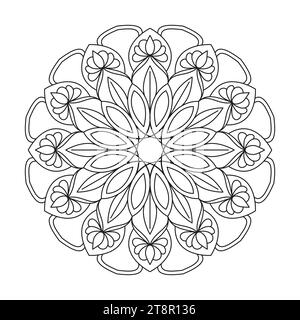 Pagina del libro da colorare per il mandala di Tranquil Tales Kids per l'interno del libro KDP. Petali pacifici, capacità di rilassarsi, esperienze cerebrali, paradiso armonioso, pace Illustrazione Vettoriale