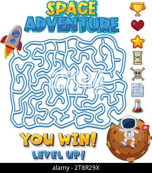 Illustrazione di un cartone animato vettoriale di un modello di gioco labirinto a tema spaziale Illustrazione Vettoriale