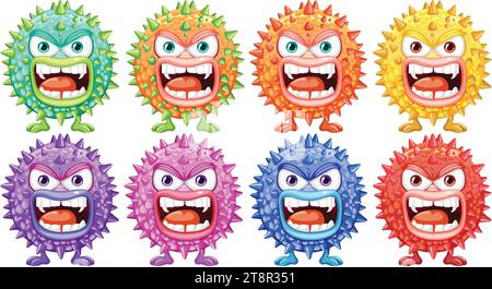 Un eccentrico personaggio dei cartoni animati con un mostro di virus germinale di batteri spiky Illustrazione Vettoriale