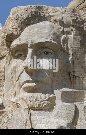 Primo piano di Abraham Lincoln sul Monte Rushmore, situato vicino a Keystone, South Dakota Foto Stock