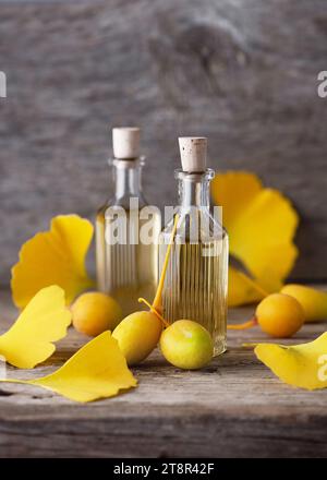 Due piccole bottiglie con estratto o olio. Proprietà curative di semi e foglie di ginkgo biloba in erboristeria. Copia spazio. Foto Stock