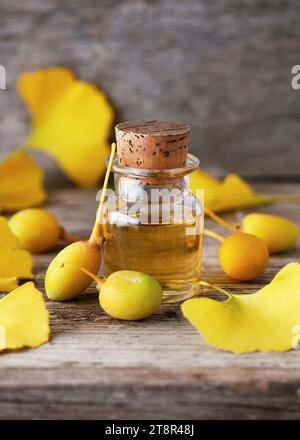 L'agente terapeutico in un piccolo bicchiere. Proprietà curative di semi e foglie di ginkgo biloba in erboristeria. Popolare integratore nutrizionale. Foto Stock