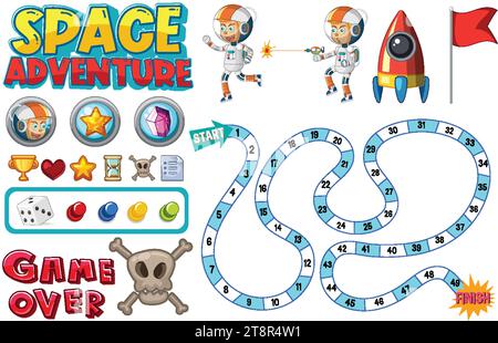 Illustrazione di un cartone animato vettoriale di un modello di gioco labirinto a tema spaziale Illustrazione Vettoriale