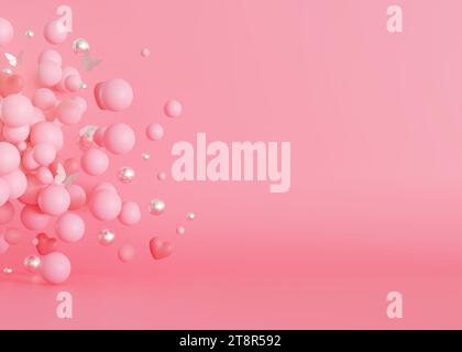 Scena con sfere rosa, cuori, farfalle e spazio copia per prodotti, presentazioni cosmetiche, promozione San Valentino, invito a nozze. Fai un trucco Foto Stock