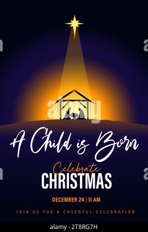 Un bambino è nato, celebra il modello di banner della chiesa di Natale. Concetto vettoriale dei social media per il servizio natalizio o il giorno dell'Epifania con presepi e testo Illustrazione Vettoriale