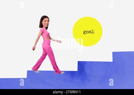 Poster collage 3d di Happy Charming Woman che va avanti raggiungimento degli obiettivi raggiungimento del successo isolato sul disegno di sfondo Foto Stock