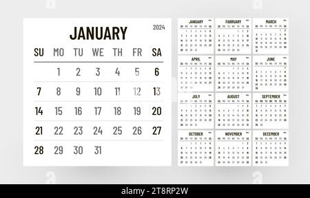 Calendario mensile classico per il 2024. Calendario in stile minimalista. Illustrazione vettoriale Illustrazione Vettoriale