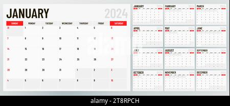 Calendario mensile classico per il 2024. Calendario in stile minimalista. Illustrazione vettoriale Illustrazione Vettoriale