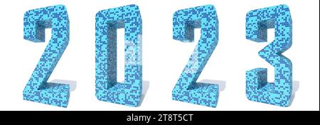 2023 anni concettuale o concettuale realizzato in ceramica di mosaico blu chiaro e scuro o piastrelle di vetro isolate su sfondo bianco. Foto Stock