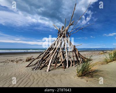 Grand Designs Pegasus Bay, Driftwood è legno che è stato lavato su una riva o spiaggia di un mare, un lago o un fiume per azione di venti, maree o onde Foto Stock