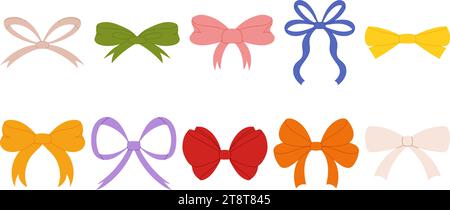 Affascinante collezione di fiocchi a nastro disegnati a mano in uno stile moderno organico piatto. Bowknot versatili per decorazioni eleganti. Grande set di soffioni moderni. Illustrazione Vettoriale