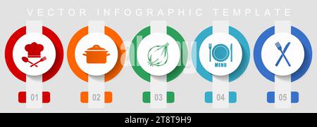 Set di icone per il design piatto del cibo, varie icone come cappello da chef, pentola, cipolla, menu e posate, modello infografico vettoriale, raccolta di pulsanti web Illustrazione Vettoriale