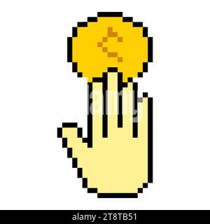 Icona della linea della moneta che regge la mano. Denaro, finanza, ricchezza, dollaro, portafoglio, profitto, stile pixel banca. Icona multicolore su sfondo bianco Illustrazione Vettoriale